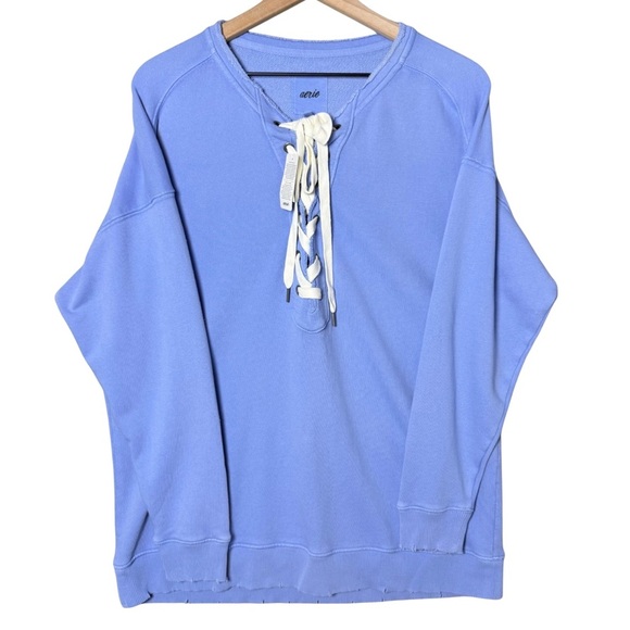 Aerie Women’s Lace Up Oversized Sweatshirt Blue Distressed Trim Size Small NWT - Picture 1 of 16